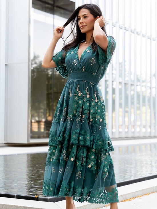 Baltic Born Dresses & Skirts - Baltic Born Lotte Embroidered Midi Dress | Emerald Size MM